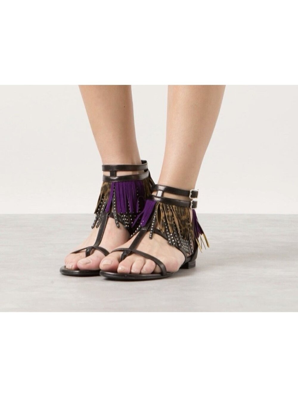 SAINT LAURENT Paris "NU PIEDS 10" FRINGED Studded Flat Sandals EUR-39 US-9